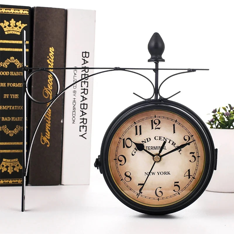 Antique-Look Round Wall Hanging Double-Sided Clock – Retro Station Design, Scroll Wall Mount, Home Decor