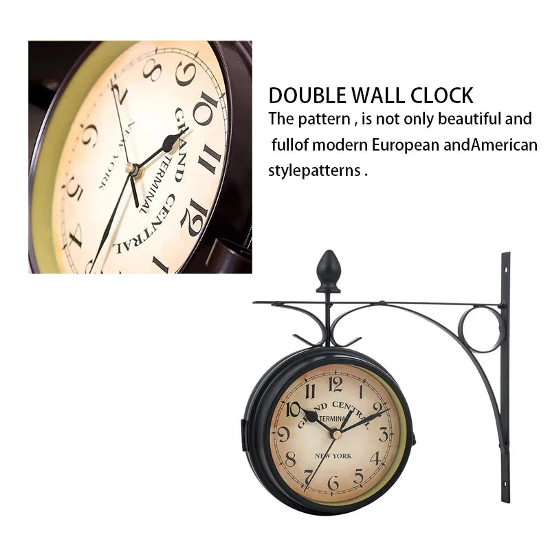 Antique-Look Round Wall Hanging Double-Sided Clock – Retro Station Design, Scroll Wall Mount, Home Decor