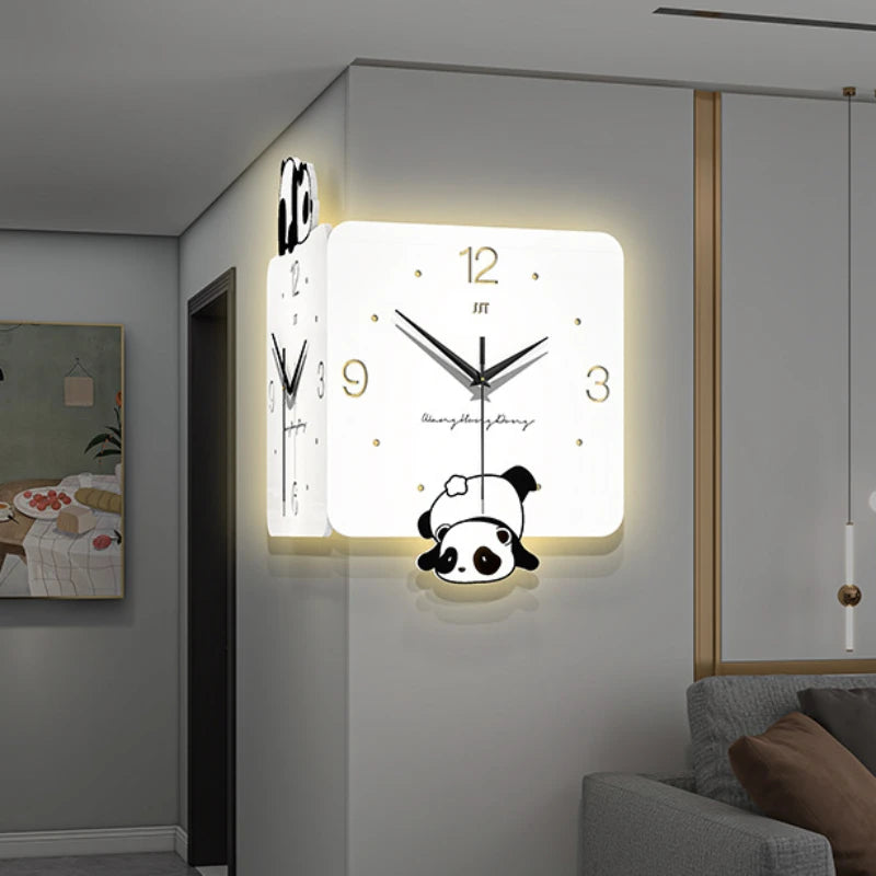 Living Room Panda Design Double-Sided Wall Clock - Creative Advanced Sense Corner Lamp Clock for Home Decoration