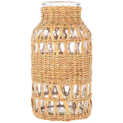 Rattan Glass Vase Boho Decor Desktop Woven Bohemia Plants Container For Countryside Style Flower Vase Table Vase Ornament 