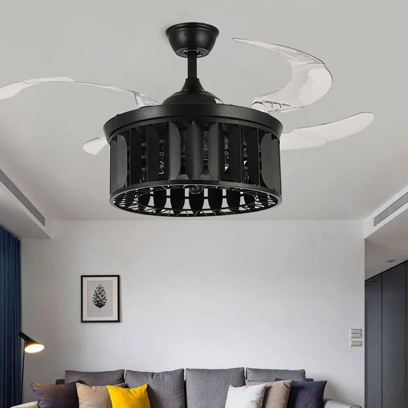 American Industrial Retro Ceiling Fan Lamp – Creative Black Invisible Fan Chandelier, for Living Room and Dining Room