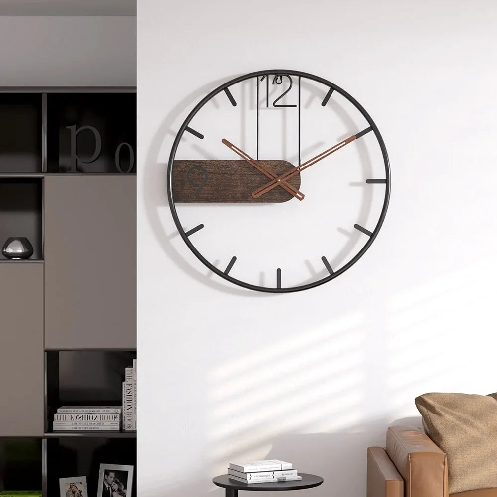 Iron Wall Clock - 3D Nordic Metal Round, Large Size Walnut Pointer Modern Wall Watch for Living Room Decor 