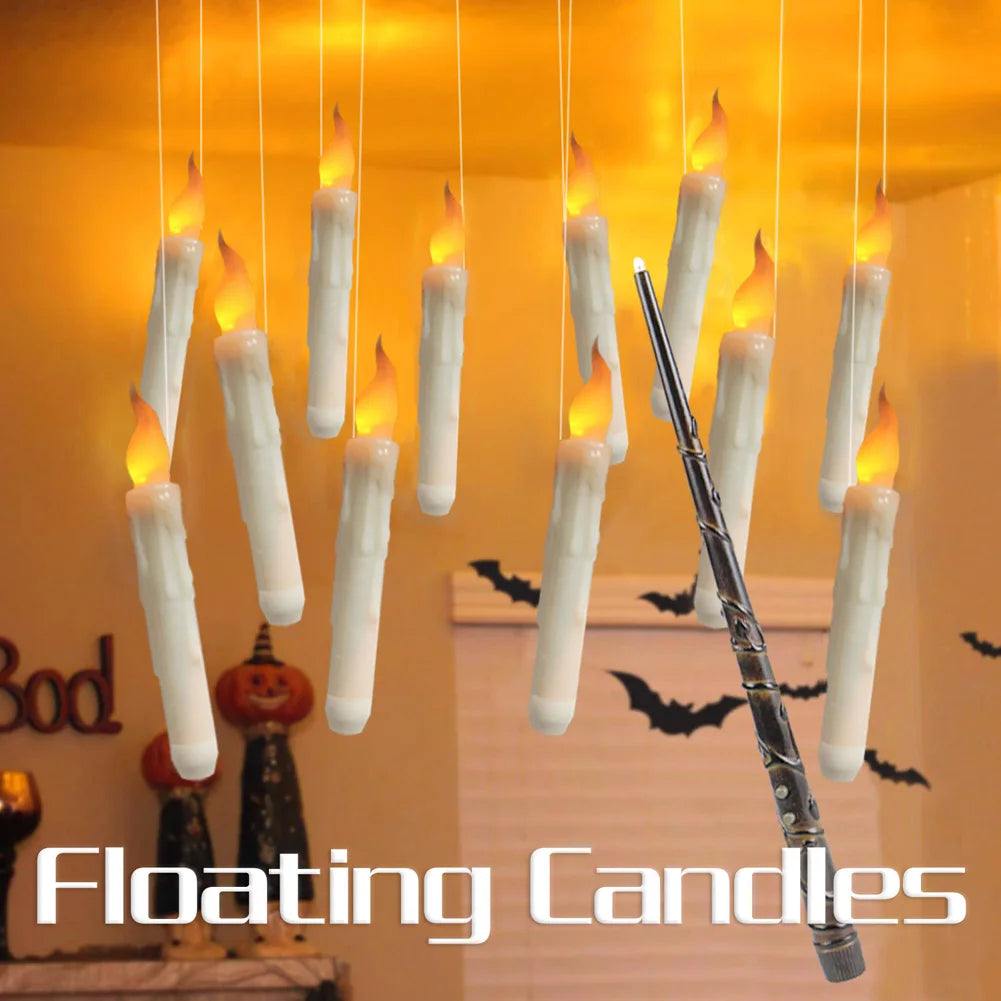 12pcs Floating Candles With Wand Remote Halloween Decoration Magic Flameless Taper Candles Lamps For Christmas Decorations 