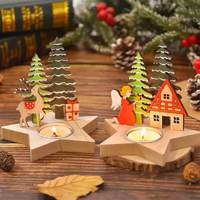 Christmas Wooden Candlestick Santa Claus Xmas Tree Elk Angel Candle Holder Merry Christmas Desktop Ornaments Happy New Year 2025 