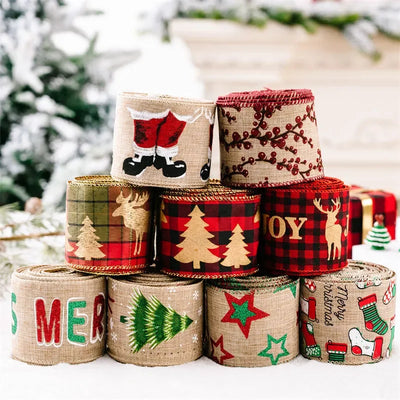5M/Roll Christmas Ribbon Gift Packaging DIY Linen Decorations Wire Edge Roll Bundle Wrapping for Hairbows Bow Lot Floral Bouquet 