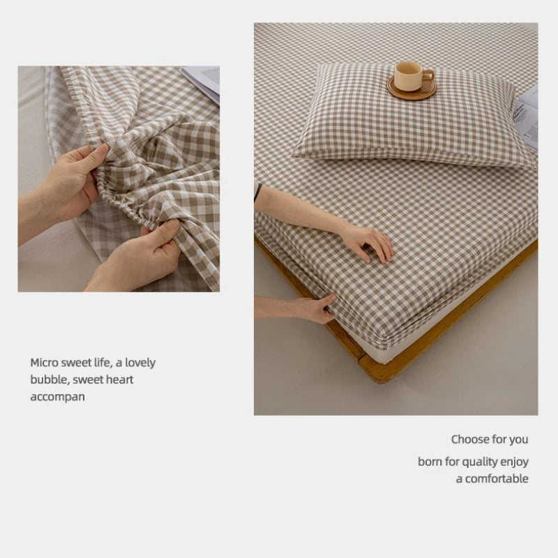 Korea Style Checkered Fitted Sheet - Single & Adult Couple, Washed Cotton Bed Cover, Mattress Protector, Fully Enclosed Package 
