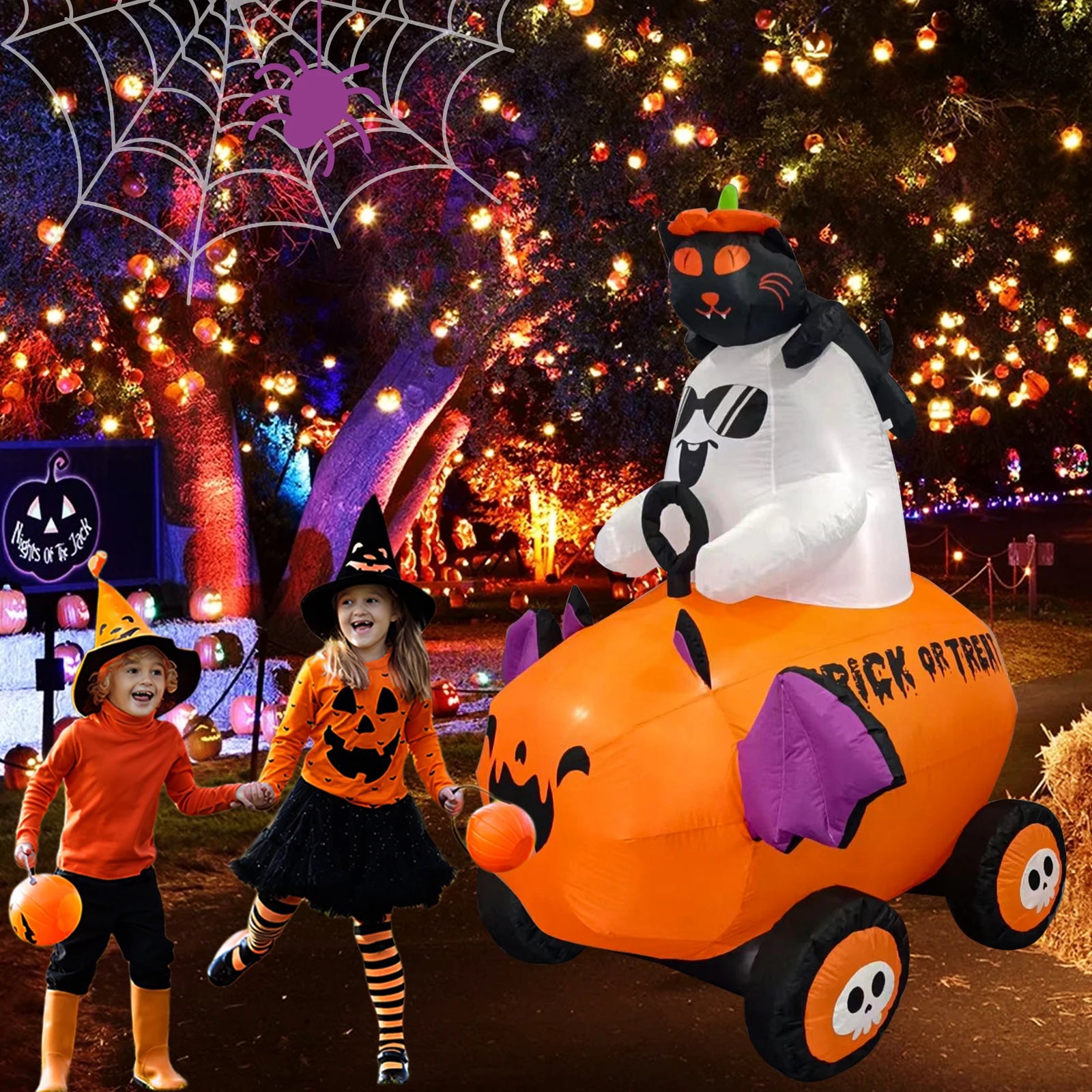 OurWarm 6 FT Height Halloween Inflatables Outdoor Ghost with Pumpkin Cart, Blow Up Yard Decoration with LED Lights Built-in 