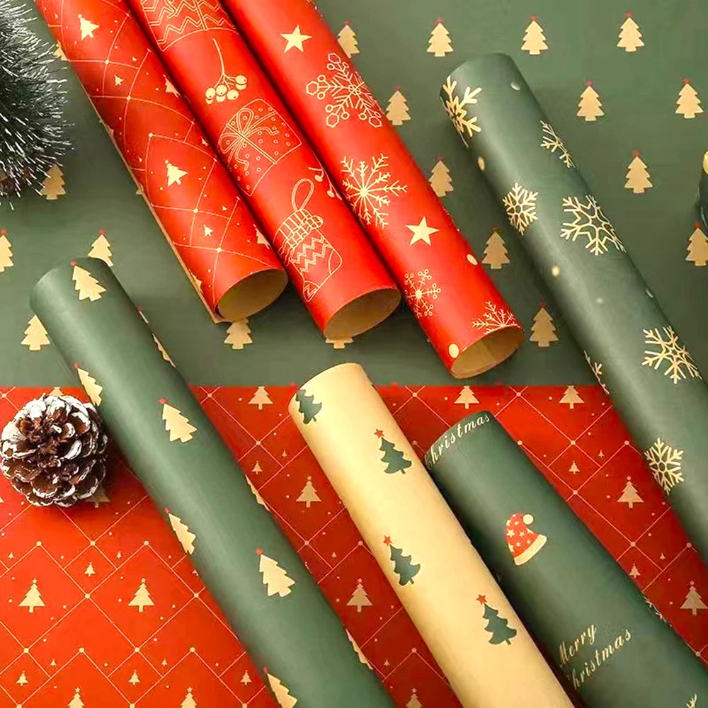 Christmas Gift Wrapping Paper Xmas Tree Snowflake Print Kraft Paper Gift Bouquet DIY Wrapping Paper New Year Packaging Supplies 