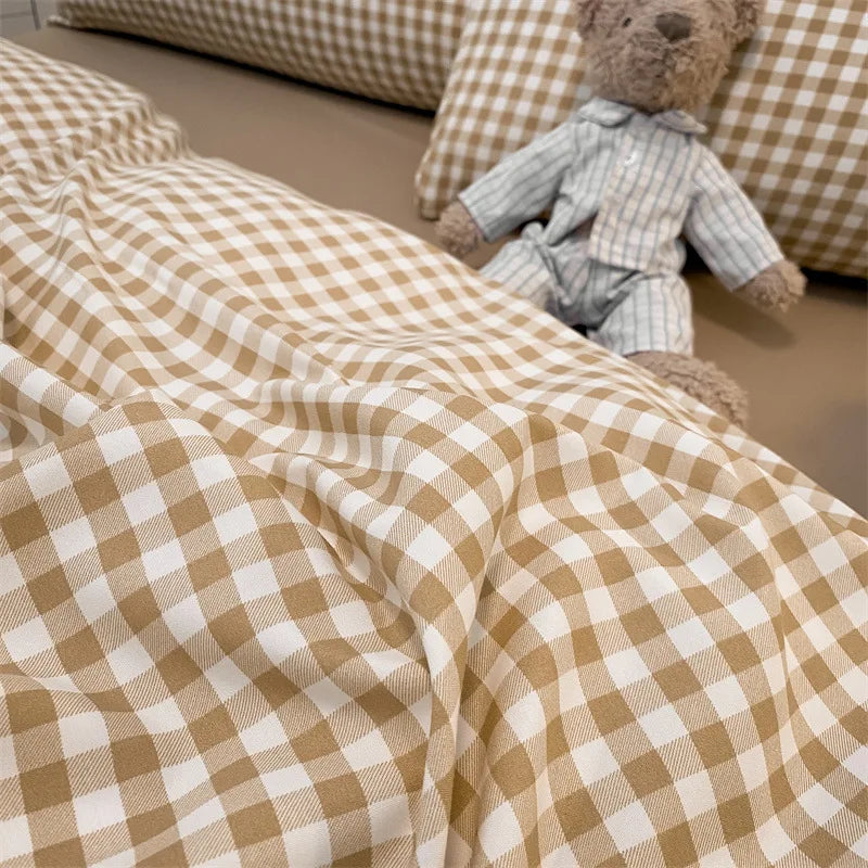 3/4Pcs Microfiber Duvet Cover Set – Brushed Washed Cotton Fabric, Double, Queen, King, Plaid Quilt Cover, Fitted Sheet Bedding Set 