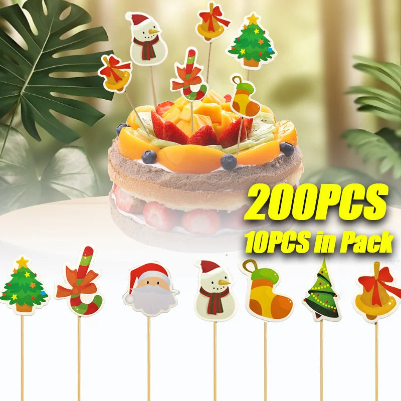 200PCS Disposable fruit stick Party cake topper Christmas tree santa snowman fruit cake decoration Christmas decoration