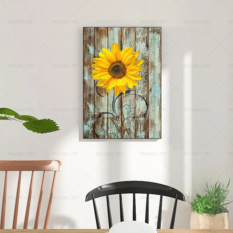 Sunflower on Wood Board Canvas Print - Modern Wall Art for Living Room Decoration (No Frame)