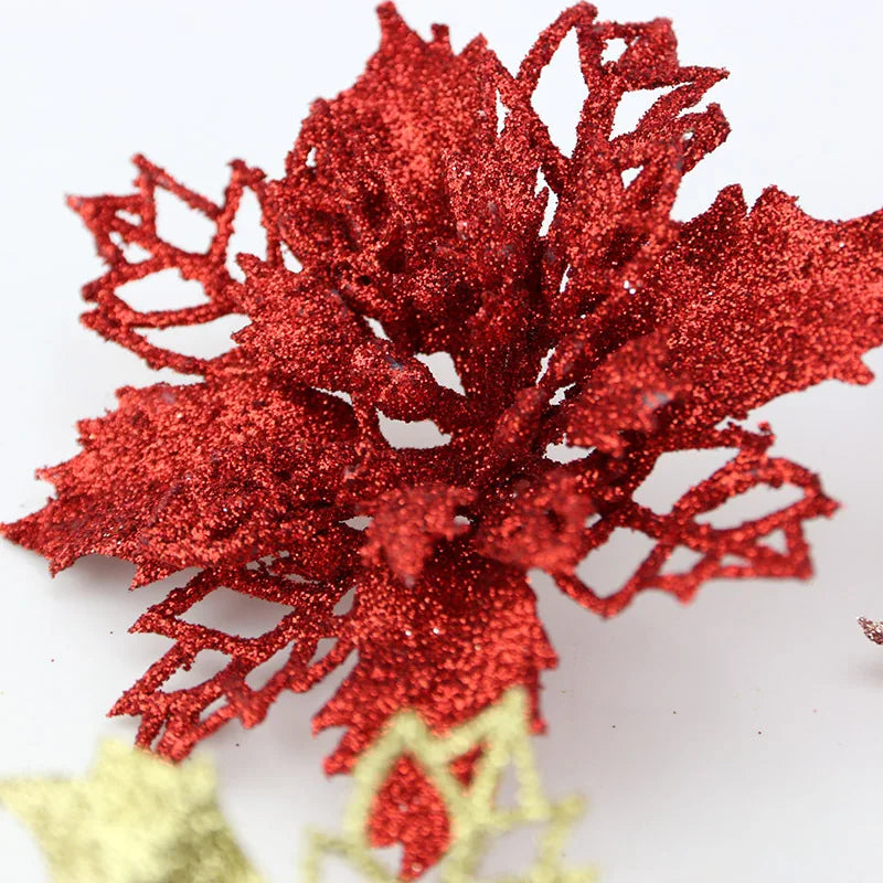 (10pcs) Artificial Christmas Tree Flower Glitter Decorations Xmas Ornaments New Year Gift 