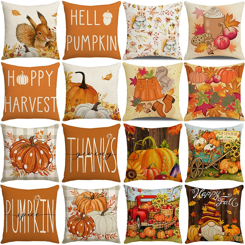 New Fall Thanksgiving Decorative Pillow Cover 45x45cm Couch Cushion Cover Pumpkin Squirrel Print Pillowcase Holiday Decorations 