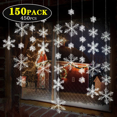 50/100/150Pack White Christmas Snowflake Plastic Brushed Snowflake Hanging Christmas Tree Decoration Accessorie Party Decoration 