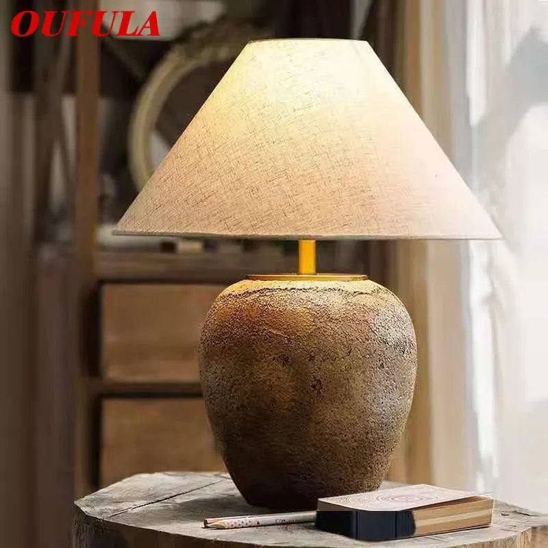 OUFULA Chinese Table Lamp - LED Creative Retro Ceramic Pot Desk Light for Home, Living Room, Hotel, and Club Decor