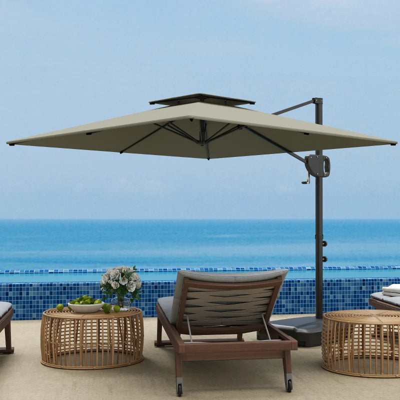 Square Cantilever Patio Umbrella, Double Top Patio Hanging Offset Umbrella with Crank & Tilt, 8' x 9', Light Grey