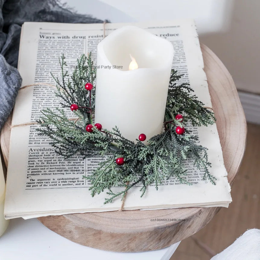 Pine Needle Candlestick Wreath for Christmas Table Decoration Artificial Leaves Candle Ring Candlestick Garland Home Decor