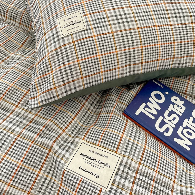 Nordic Plaid Pattern Wash Cotton Bedding Set - Duvet Cover, Pillowcase, Bed Sheet Set, Comforter Cover, Queen & King Size 
