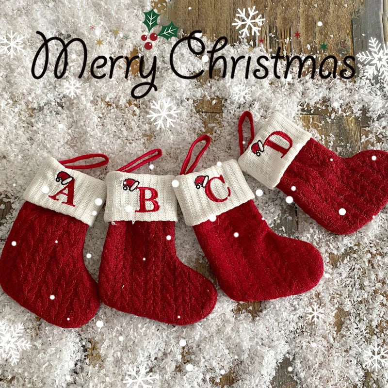 Christmas Stockings Knitting English Letters Christmas Socks Shaped Gifts Ornament New Year Santa Claus Gift Atmosphere Decor