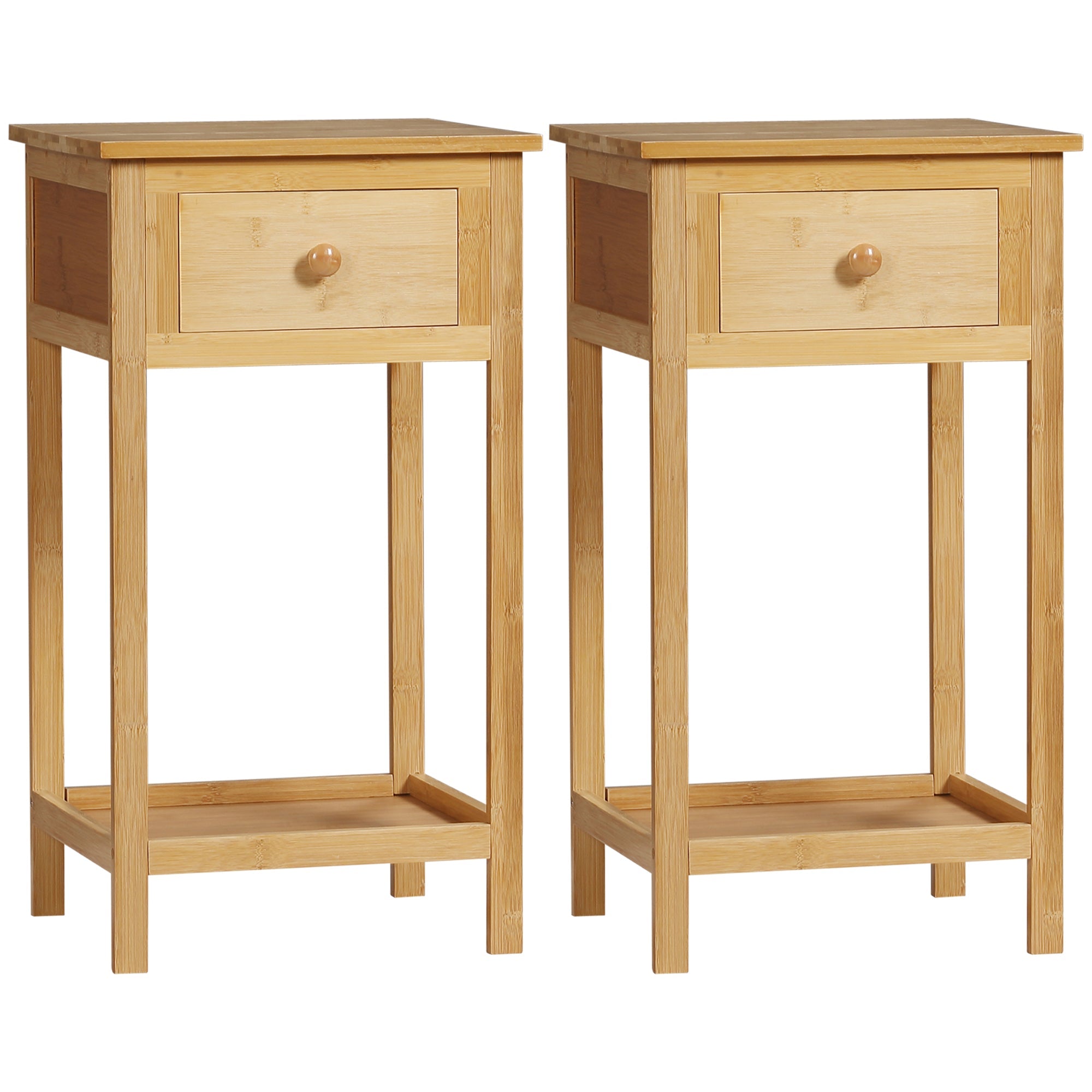 HOMCOM Natural Bamboo Side Table: Slim End Table Nightstand with Drawer and Storage Shelf for Small Spaces 