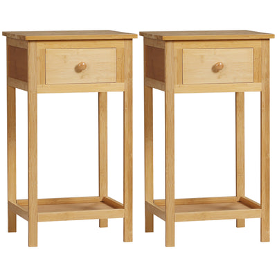 HOMCOM Natural Bamboo Side Table: Slim End Table Nightstand with Drawer and Storage Shelf for Small Spaces 