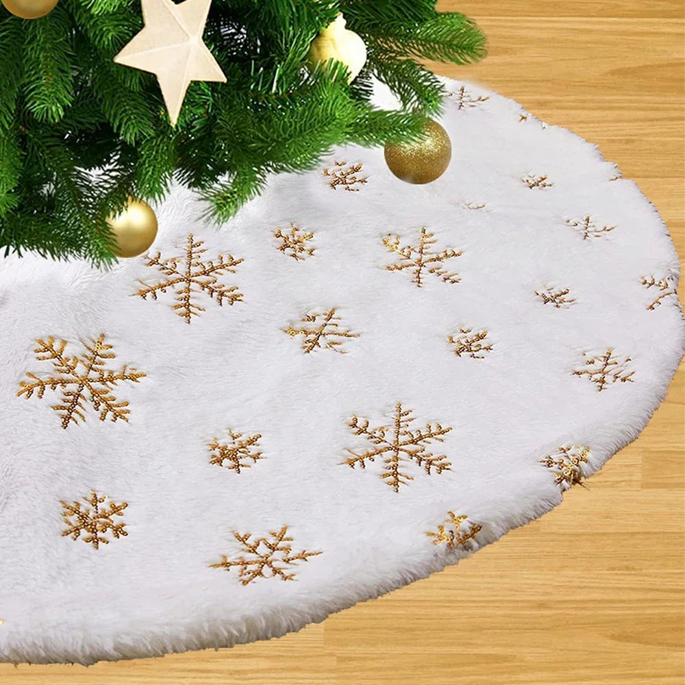 38CM Plush Christmas Tree Skirt White Snowflakes Faux Fur Xmas Trees Skirts Base Cover New Year Navidad Party Decoration Carpet 