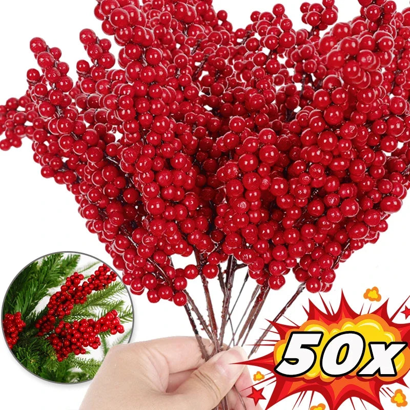 50-1Branch Christmas Artificial Berries Stem Red Holly Berry Fake Flowers Plant For Xmas Tree New Year Party Home Decor Ornament