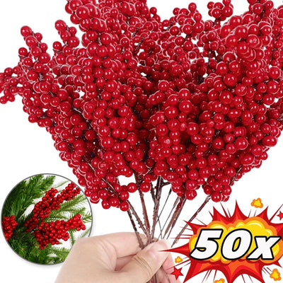 50-1Branch Christmas Artificial Berries Stem Red Holly Berry Fake Flowers Plant For Xmas Tree New Year Party Home Decor Ornament 