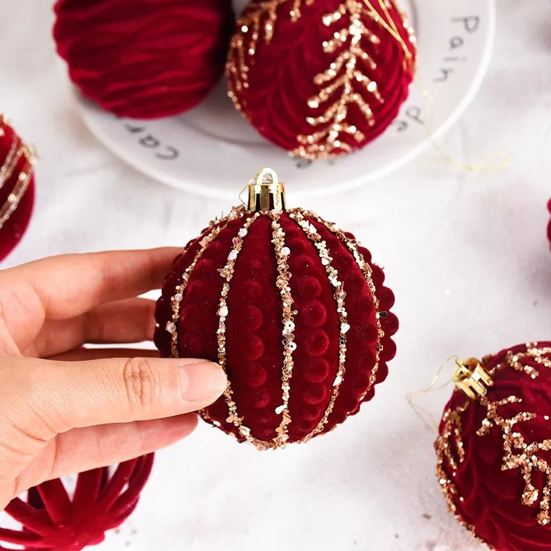 8cm Christmas Burgundy Velvet Balls Flocked Christmas Hanging Ornaments Wine Red Balls Wedding Anniversary Party Xmas Tree Decor