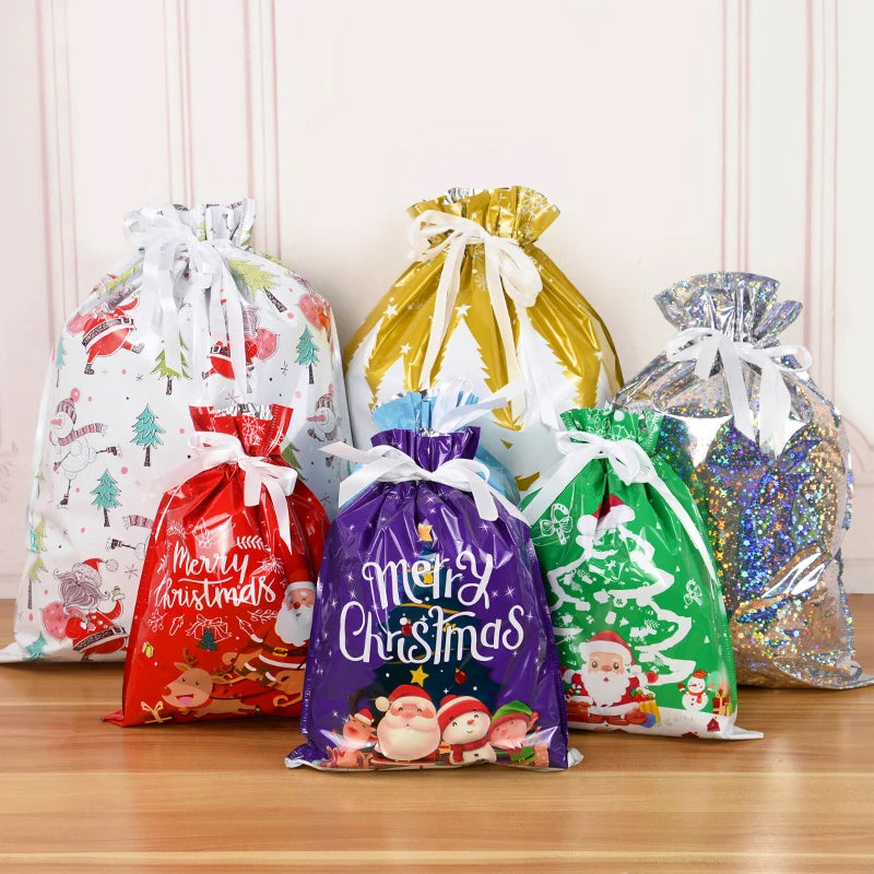 3/5Pcs Merry Christmas Drawstring Gift Bag New Year 2024 Large Candy Cookie Packaging Bag 2023 Navidad Christmas Home Decoration