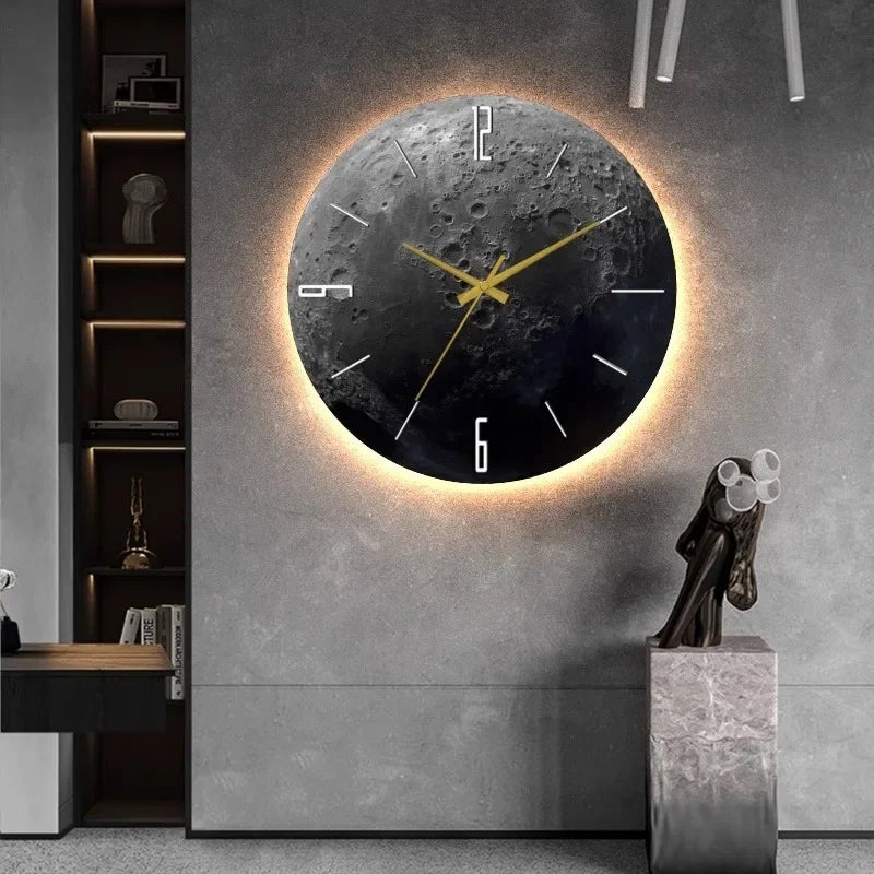 2024 New Sandstone Creative Moon Clock Living Room TV Background Wall Decoration Moon Silent Wall Clock Bedroom Atmosphere Light 