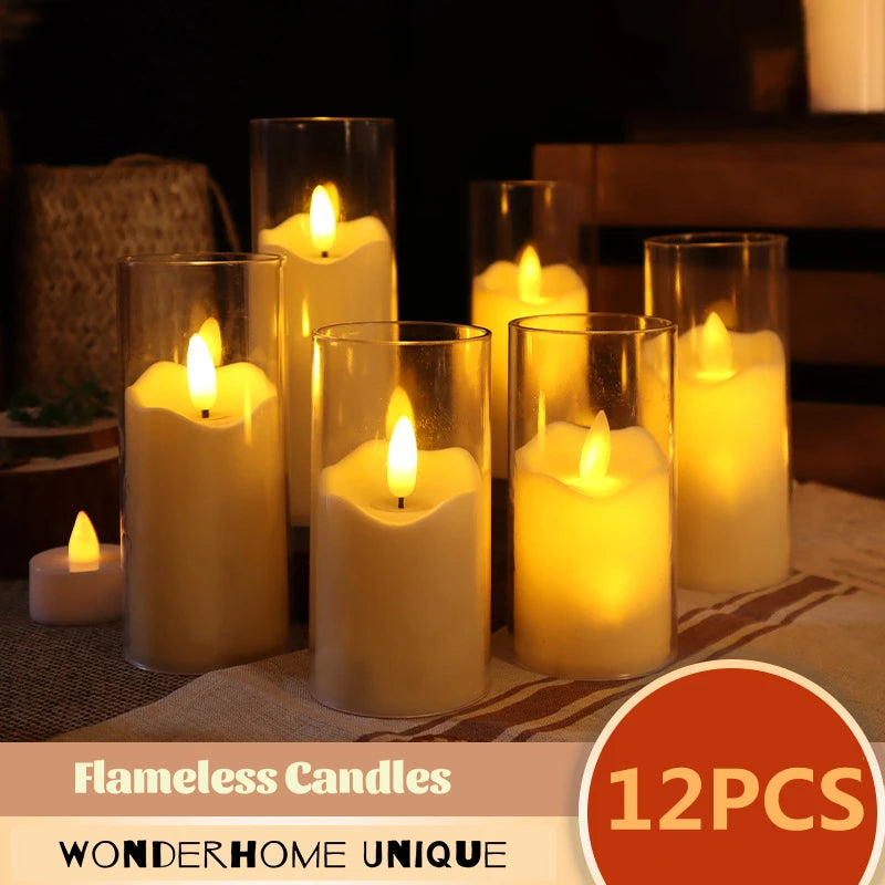 12Pc Electric Candles LED Flameless Light Simulation Acrylic Candle Wedding Romantic Candle Lamp Party Christmas Home Decoration