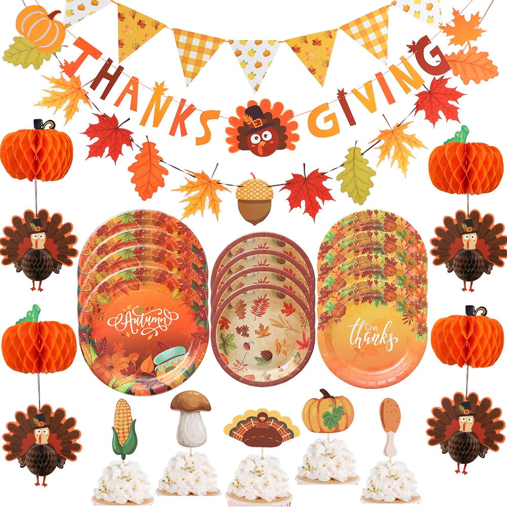 Autumn Maple Pattern Thanksgiving Home Party Decoration Paper Plates Napkins Hanging Maple Banners Turkey Pumpkin Honeycomb Ball 