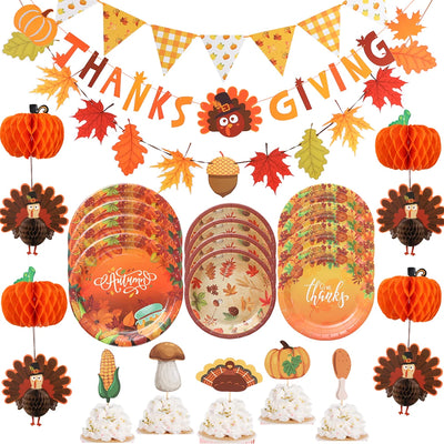 Autumn Maple Pattern Thanksgiving Home Party Decoration Paper Plates Napkins Hanging Maple Banners Turkey Pumpkin Honeycomb Ball 