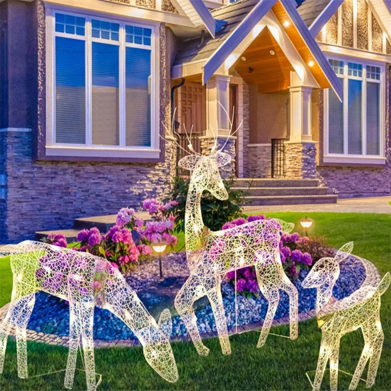 3Pcs Iron Art Elk Deer Christmas Garden Decoration With LED Light Glowing Glitter Reindeer Xmas Home Outdoor Yard Ornament Decor