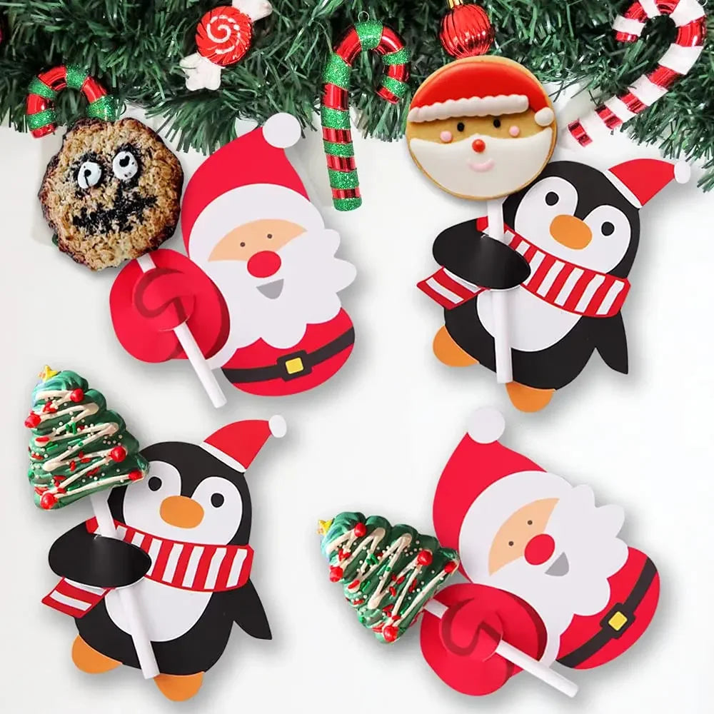 Wholesale Lollipop Paper Cards Christmas Cartoon Santa Claus Snowman Penguin Candy Package Wrap Sugar Holders Gifts Party Decor