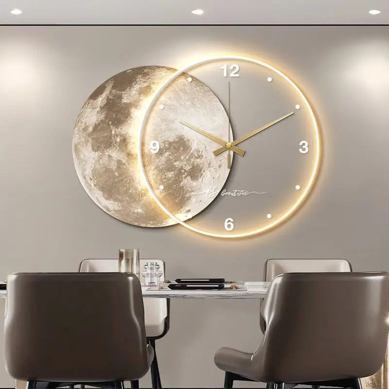 Large Dining Room Living Room Wall Clock Luxury Moon The Earth Modelling LED Light Silent Movement  Bedroom Wall Decoration Gift 