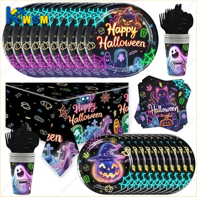 Halloween Party Tableware Set Festive Party Plates Napkins Tablecloth Disposable Tableware 10/12Guests Halloween Decoration 