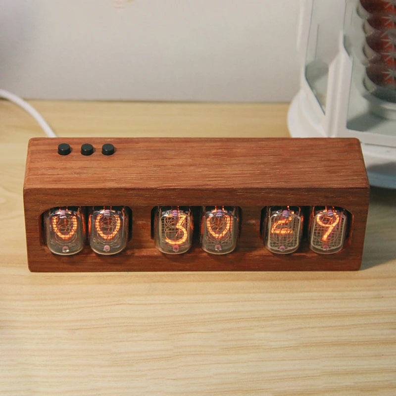 Retro Nixie Tube Clock IN12 – 6-Bit Luxury Red Rosewood Glow Digital Tube Clock, Electronic Desktop Watch, DIY Gift 