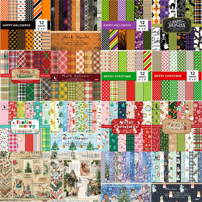 12 Pcs Vintage Christmas/Halloween Scrapbooking Pattered Papers Pad DIY Card Making Material Gift Packaging Craft Supplies Paper 