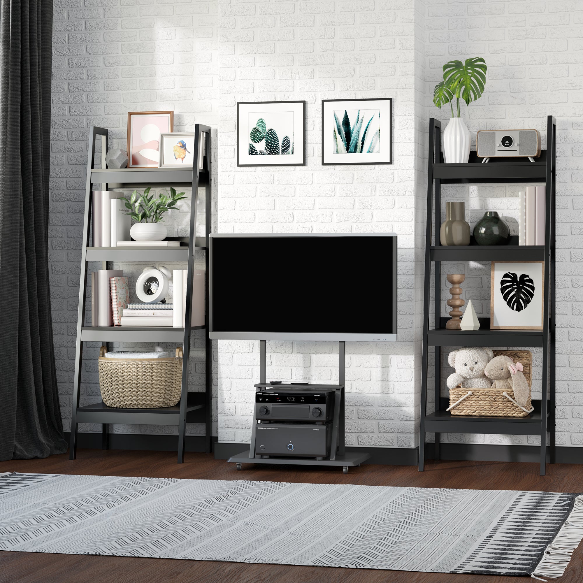 HOMCOM 4 Tier Ladder Shelf Bookcase Set of 2 Display Rack Storage Shelving Unit Flower Plant Stand Multi-Use Black 