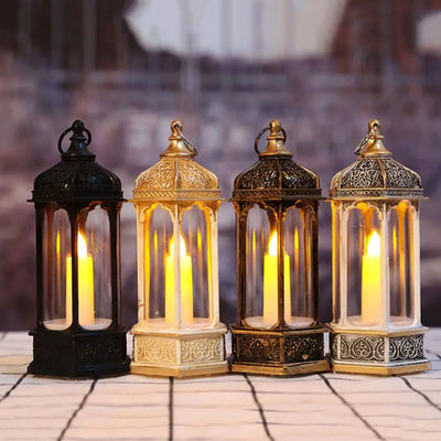 Wind Lantern Six Corners Christmas LED Candle Lantern Vintage Christmas Decoration Lighting LED Candle with Handle Home Ornament 
