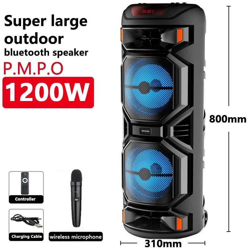 1200W Peak Power Outdoor Bluetooth Speaker - 8-Inch Double Horn Subwoofer, Portable Wireless Column with Bass Sound & Mic 