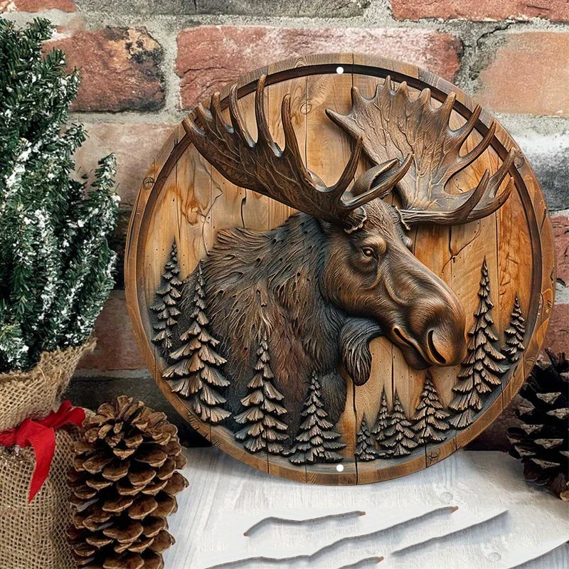 Moose and Pine Trees Circular Wood Carving Wall Decor - Waterproof Aluminum Metal Sign, Rustic Wreath for Indoor & Outdoor Use