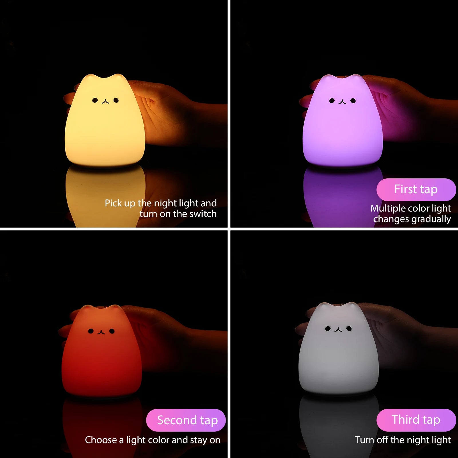Mini Kawaii Cat Night Lamp - 7-Color Touch-Activated, Color-Changing Bedside Nightlight for Children 