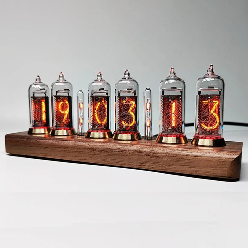 Luxury Nixie Tube Clock DIY Kit – IN-14 Digital Glow Tube Clock, Retro Wood Desk Clock with Bluetooth Control, Unique Vacuum-Tube Gift