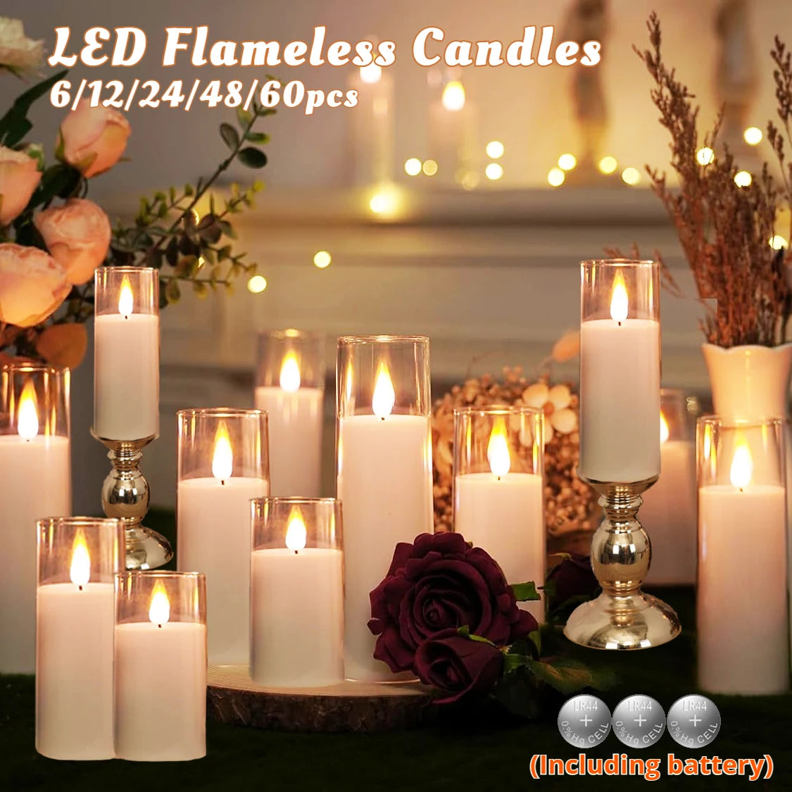 6-60PCS Acrylic Glass Led Candles with Batteries Wedding Flameless Candles Flickering Pillar Candle for Home Party Outdoor Decor