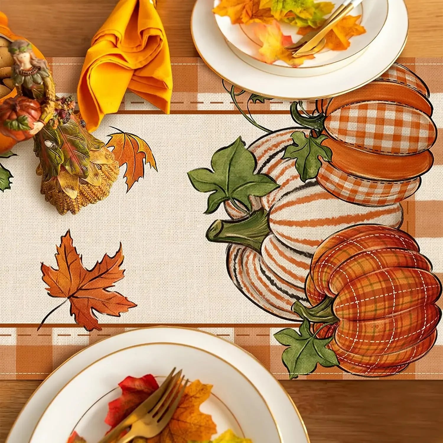 Fall Thanksgiving Pumpkin Maple Leaves Linen Table Runners Kitchen Table Decor Farmhouse Dining Table Runner Holiday Party Decor 