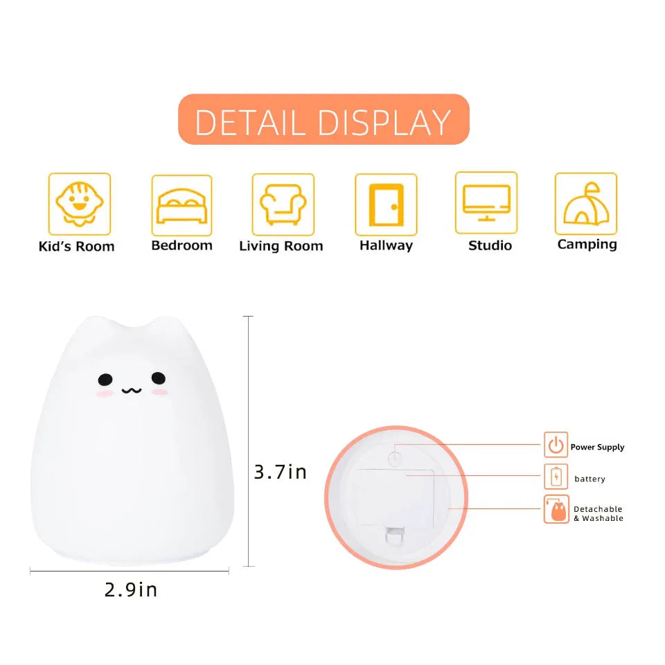 Mini Kawaii Cat Night Lamp - 7-Color Touch-Activated, Color-Changing Bedside Nightlight for Children 