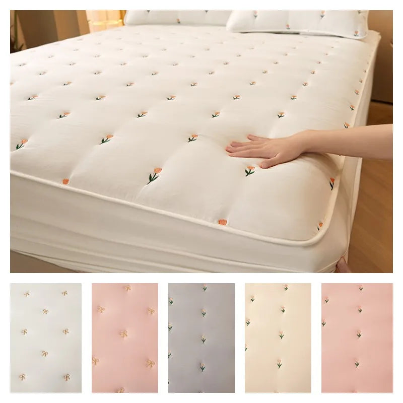 Super Thick Quilted Mattress Cover - Embroidered Cotton Bed Pad for Single/Queen/King Mattresses